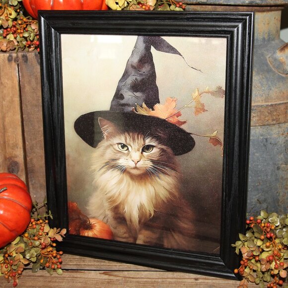 Large Tabby Cat in Witch's Hat Farmhouse Halloween  Framed Wall Decor Picture - Picture 1 of 4
